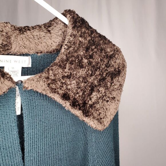 Nine West Vtg Fur Collar Cardigan Women Medium Green Rib Knit - Picture 4 of 9